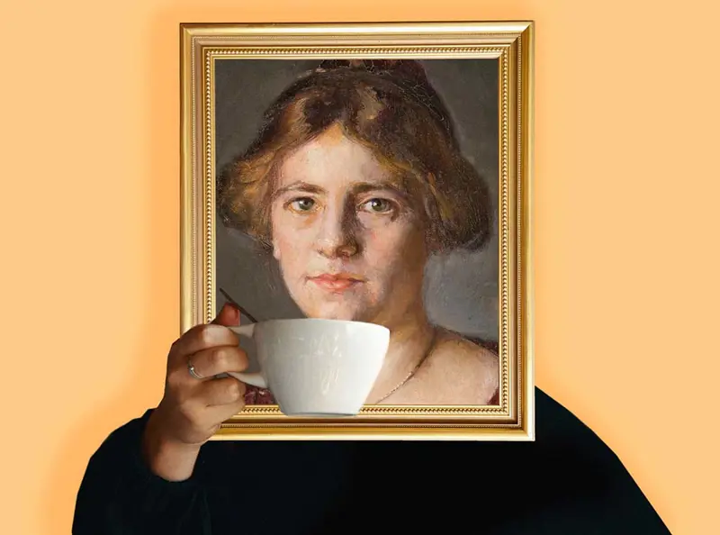 Maleri av kvinne med kaffekopp