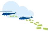 Illustrasjon av to helikoptre som flyr, hvor penger faller ned fra dem.