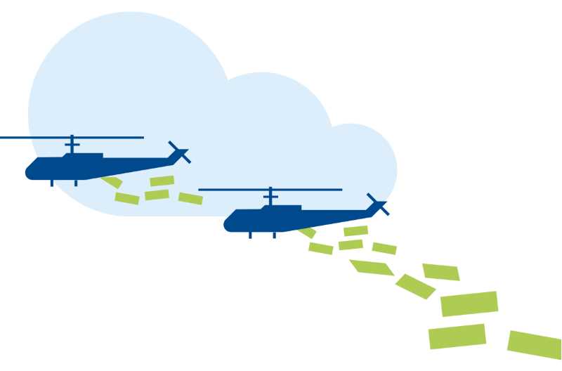 Illustrasjon av to helikoptre som flyr, hvor penger faller ned fra dem.