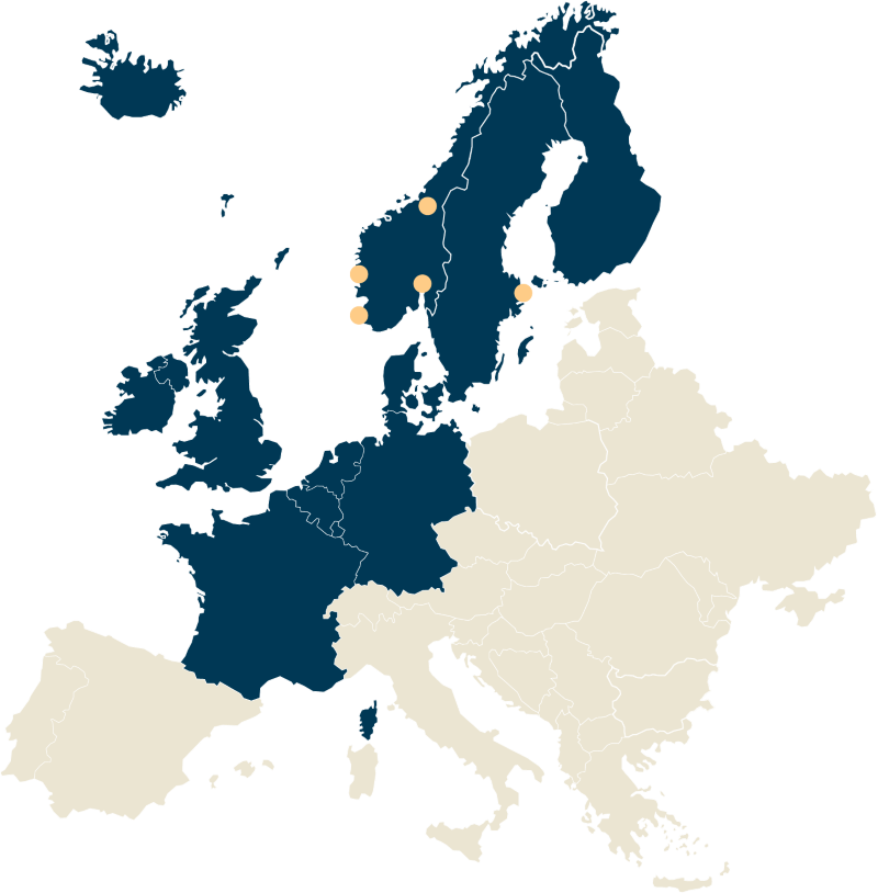 Kart over Norden og Europa, der de nordiske landene og flere land i Europa er markert.