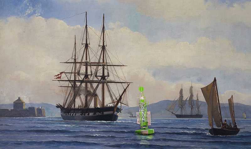 Maleri som viser seilskuter og en moderne bøye midt i bildet