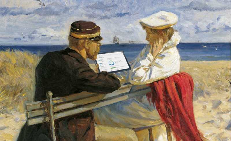 Maleri av mann og kvinne som sitter på en benk med et nettbrett mellom seg