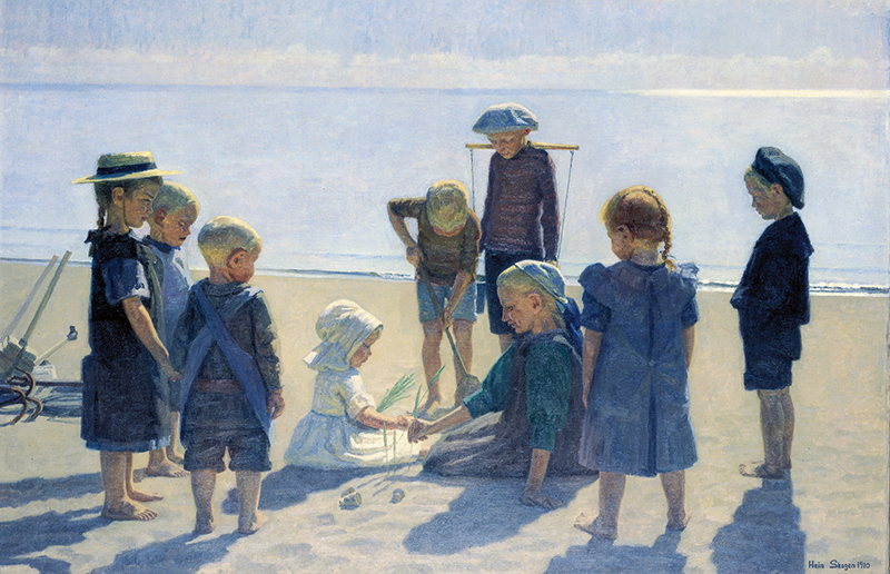 Maleri av barn som leker på stranden