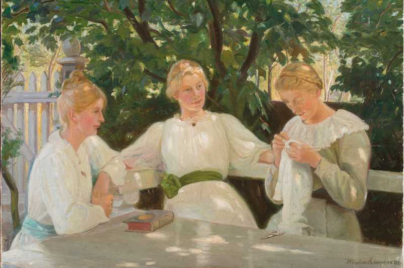 Skagen maleri. Michael Ancher, Helga og to veninder, Saxilds døtre, siddende i haven, 1902. Bildet er manipulert og tilhører Skagens Kunstmuseer.