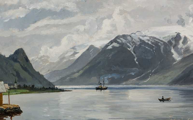 Skagenmaleri viser to båter på Sørfjord i Hardanger, fjell i bakgrunnen.