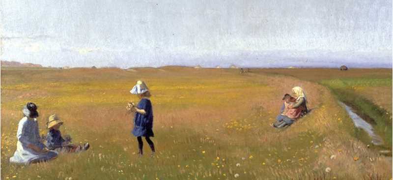 maleri barn på en eng plukker blomster