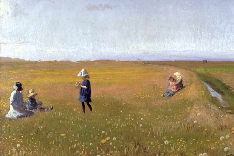 Maleri av kvinne og barn som plukker blomster på engen