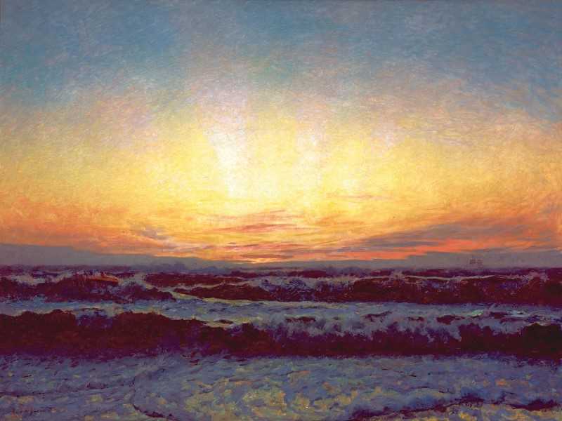 Maleri av solnedgang over sjøen
