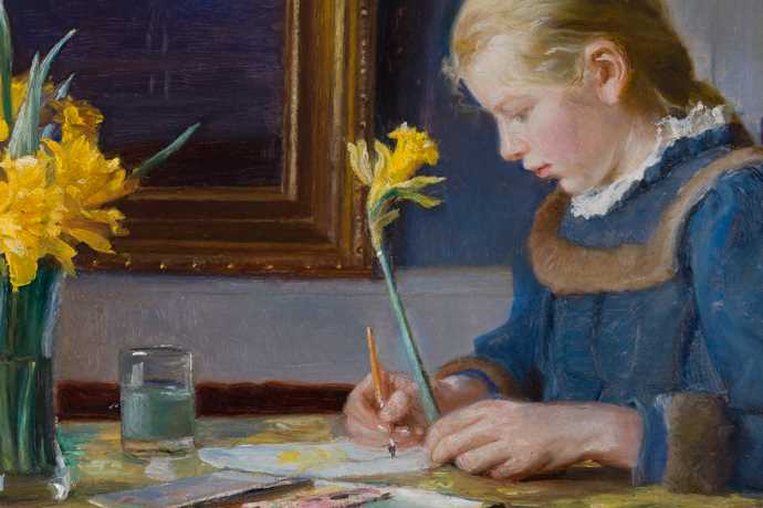 Maleri av en pike som skriver med påskeliljer på bordet