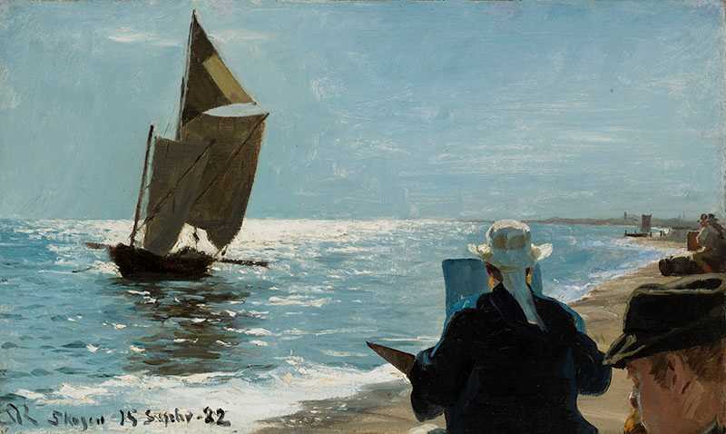 Maleri av kvinne som maler på stranden, seilbåt på havet