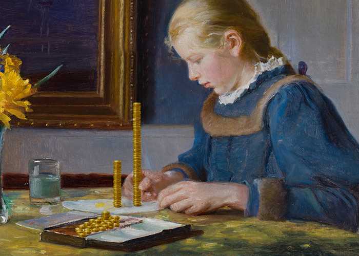 Maleri av en jente som teller penger