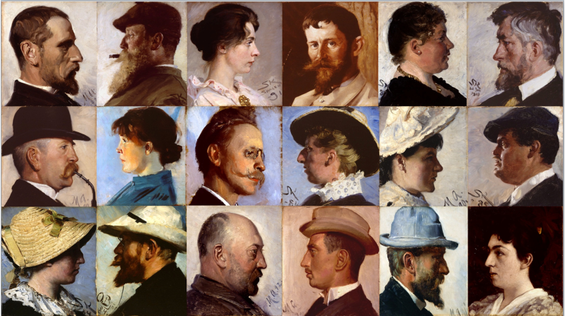 Maleri med portretter av ulike mennesker