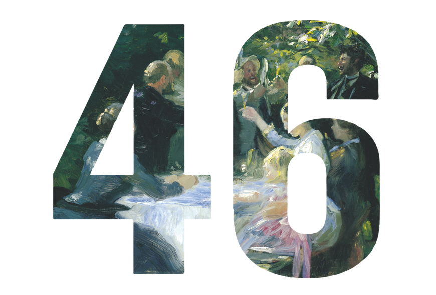 Tallet 49 er klippet ut i et maleri av et hageselskap på en sommerdag